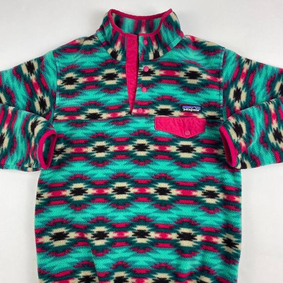 Patagonia Synchilla Aztec Tribal Western T-Snap Fleece Pink & Blue Size Small - Picture 2 of 6